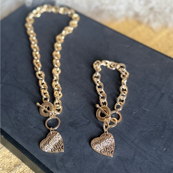Guess Gold Heart Charm Necklace and Bracelet Set